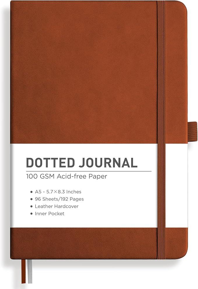 RETTACY Dotted Journal Notebook, 192 Pages, A5 Medium Size (5.7'' x 8.3''), Leather Hardcover, 100 GSM Thick Paper, for Journaling, Planning, Tracking (Brown)