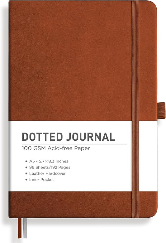RETTACY Dotted Journal Notebook, 192 Pages, A5 Medium Size (5.7'' x 8.3''), Leather Hardcover, 100 GSM Thick Paper, for Journaling, Planning, Tracking (Brown)
