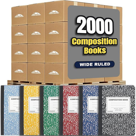 Trail maker Bulk Pallet Composition Notebooks Colored (2,000 Pack), Wide Ruled Marble Cover, 200 Pages (100 Sheets), 9.75 x 7.5, Bulk School Supplies for Classroom, Office & School Donations