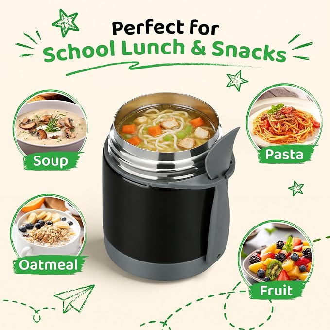 10oz Soup Thermo for Hot Food Kids Insulated Food Jar,Thermo Hot Food Lunch Container, Width Mouth Stainless Steel Lunch Box for Kids with Spoon (Black)