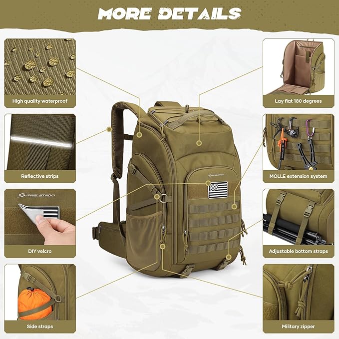 Maelstrom Tactical Backpack for Men, Water Resistant 40L Military Backpack, for Hiking, Camping, Gym with Molle System (Khaki)