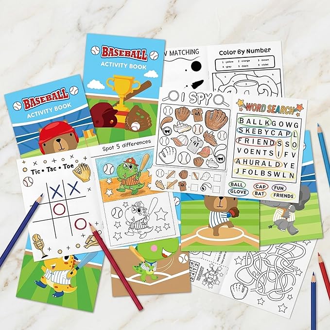 JAPBOR Baseball Activity Coloring Books - 24PCS Mini Baseball Themed Color Activities Book Bulk for Party Favor, Sport Small DIY Colouring Pages for Birthday Gifts Class Drawing Painting Games