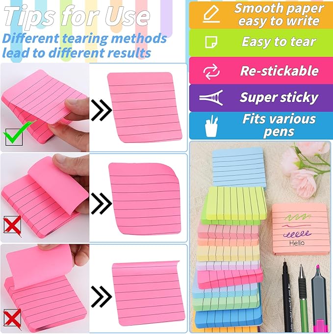 60 Pads Round Corner Lined Sticky Notes 3x3 in Post, 12 Bright Colors Self-Stick Note Pads it, Strong Adhesive Paper Memo Pads, 75 Sheets/Pad, Colored Note Pad Easy to Post for Home, Office, Notebook