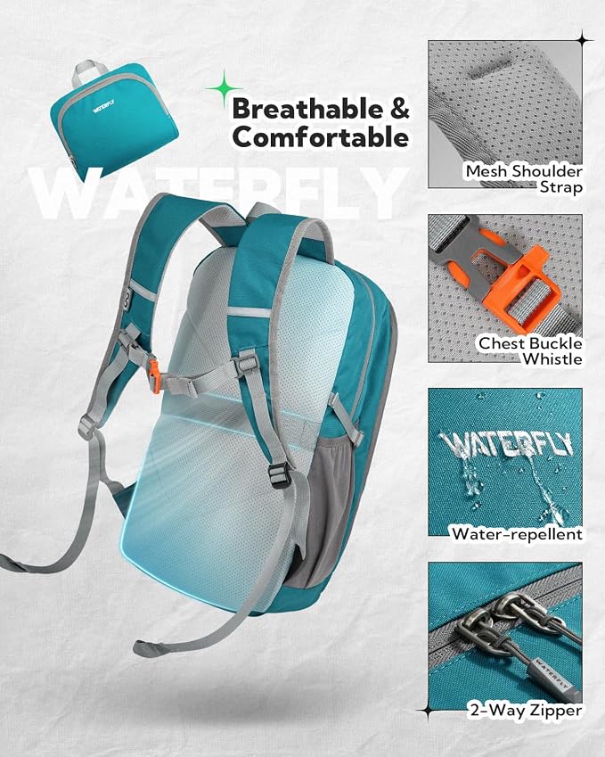 WATERFLY Lightweight Packable Backpack, 25L Small Foldable Travel Daypack | Large Opening Pocket with Luggage Strap, Breathable Back Pad, Easy to Fold, Compact Day Pack for Hiking Outdoor