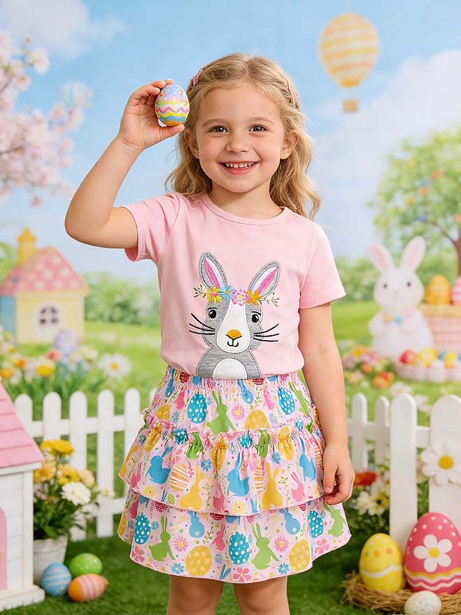 Little Girls Skirt Set - 2 Piece Short Sleeve Top Shirred Tiered Skirt Outfit Girls Spring Summer Clothes 3-8 Years