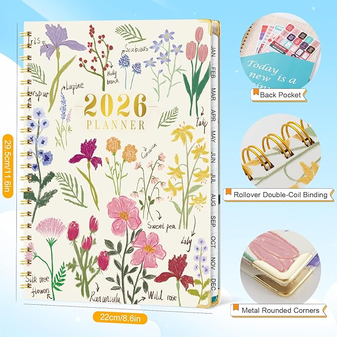 VinTS 2026 Planner,11.6x8.6in Large Weekly Monthly Dated Planner,Jan-Dec.2026 Flower Hardcover Planner Agenda Organizers with stickers, bookmarks, pocket for Women