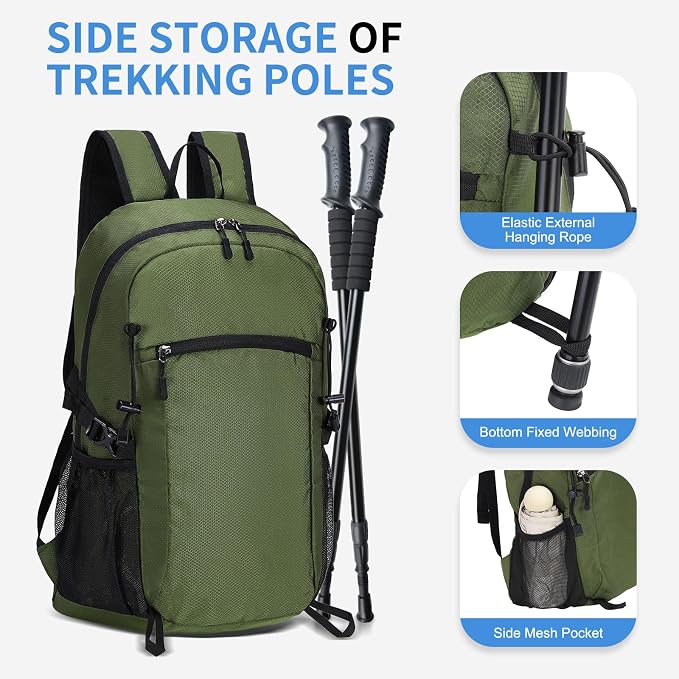 30L Large Hiking Daypack, Foldable Outdoor Backpack, Dark Green | Packable Daypacks for Men Women, Lightweight Water-Repellent Collapsible Daypack for Commuting Outdoor Sports Camping