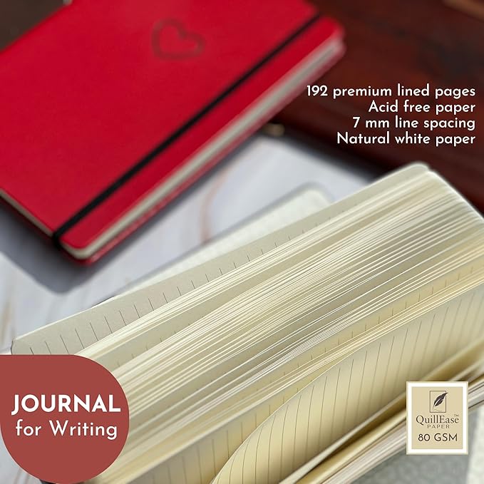 SETTINI Lined Journal, Ideal for Journaling - A5 Vegan Leather Notebook, 192 Archival-Quality Pages, QuillEase Bleed-Free Paper, Inner Pocket & Bookmark - Red Heart