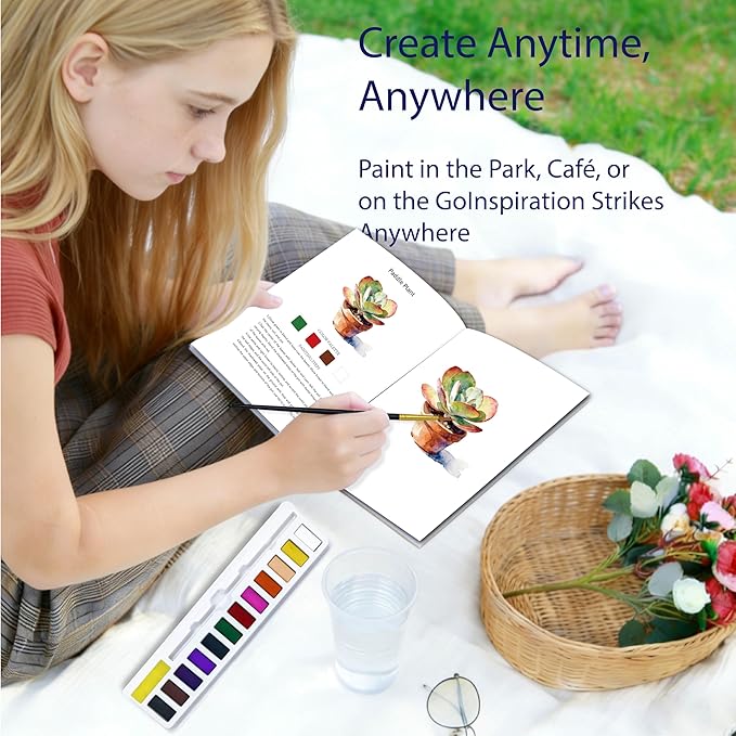 CraftyManor Watercolor Workbook Creative Fruit Water color Paint Book Set with Paints & Brush, 12 Patterns of Original DIY Designs, Beginner-Friendly Adult Coloring Books (Succulent)
