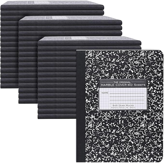 ROARING SPRING Hard Cover Composition Notebook, 48 Pack, Black Marble Comp Book, 9.75″ x 7.5″, 5x5 Grid Graph Ruled, 80 Sheets (160 Pages), Made in USA