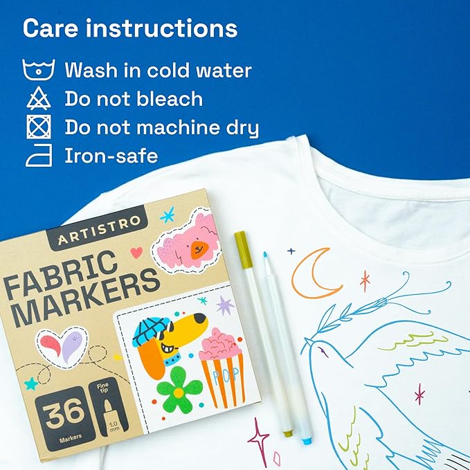 ARTISTRO 36 Fabric Markers - Fine Tip Fabric Markers Permanent for Clothes - No Bleed Pens for T-Shirts, Bags, Textile, Canvas, and more