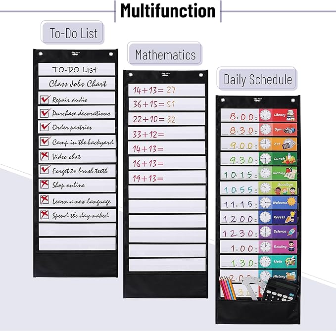 Mr. Pen Daily Schedule Pocket Chart, 13+1 Pockets, 26 Double Sided Reusable Cards (13 Colored+13 Blank), 12.8'x35', Classroom Schedule Chart