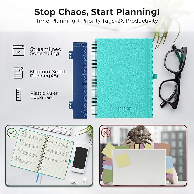 Planner 2026-2027 Daily Weekly and Monthly,8.5"x6.5",18 Months Spiral Bound Calendar Agenda with Self-adhesive Pen Holder,2026 Academic Plan with Vegan Leather Soft Cover,Light Blue