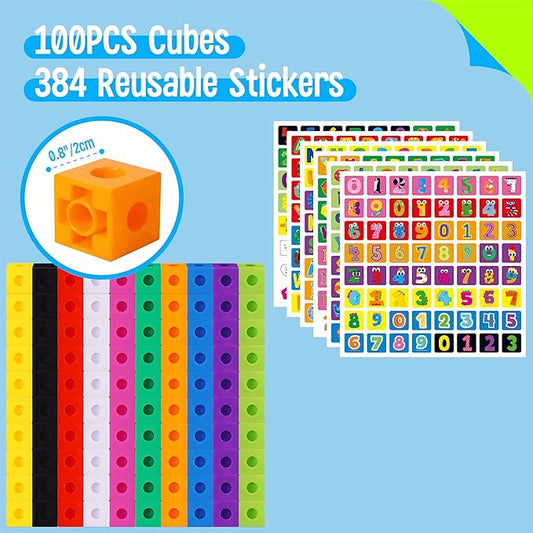 100 Math Linking Cubes, Math Cubes with 384 Reusable Stickers-Letters, Numbers, Shapes, Manipulative Geometric Connecting and Counting Blocks, Educational Toy for Kids Math Learning and Fun Activities