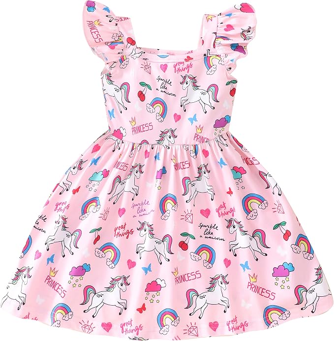 Popshion Girls Dresses Flutter Sleeve Swing Sundress Toddler Summer Clothes Kid Birthday Party Sleeveless Dress 1-8 Years Old