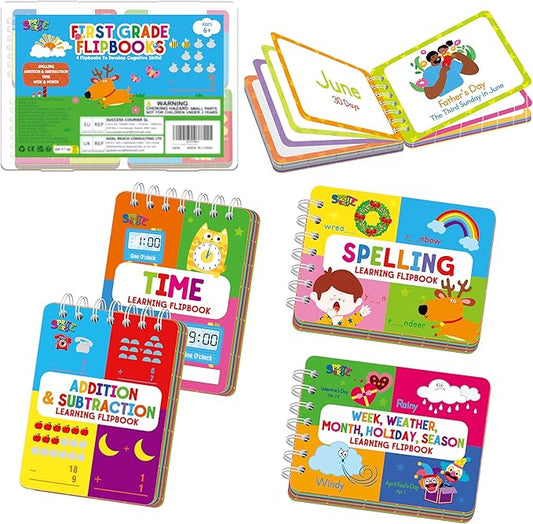 4 First Grade Learning Flipbooks, Double-Sided Mini Book Set - Spelling, Addition, Subtraction, Time, Week, Weather, Month, Holiday & Season Learning, Early Educational Tool for Kids