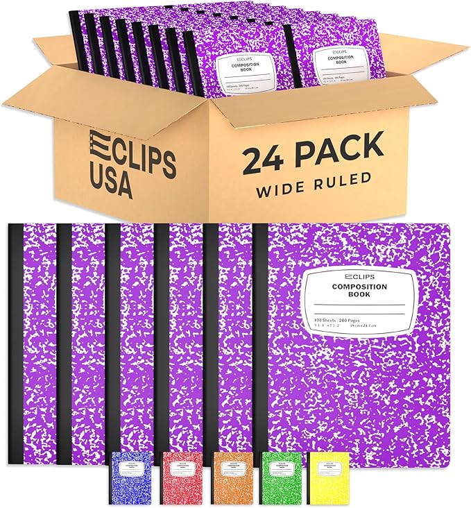 Composition Notebook Wide Ruled Composition Notebooks Bulk Purple Marble Hard Cover Wide Ruled Notebook Paper Note Books For Schools Marble Composition Books 100 Sheets 200 Pages 9.75” x 7.25” (24 Pack, Purple)