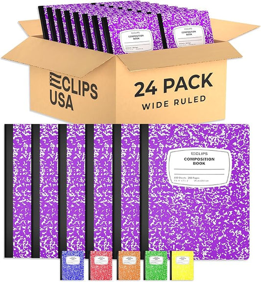 Composition Notebook Wide Ruled Composition Notebooks Bulk Purple Marble Hard Cover Wide Ruled Notebook Paper Note Books For Schools Marble Composition Books 100 Sheets 200 Pages 9.75” x 7.25” (24 Pack, Purple)