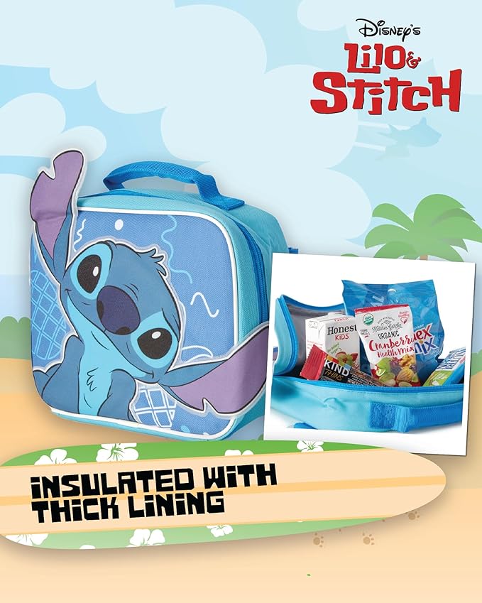 Fast Forward Stitch Kids Backpack and Lunch Box Set - 14 Inch Boys & Girls Backpack with Lunch Box for Preschool Kindergarten, Stitch Blue