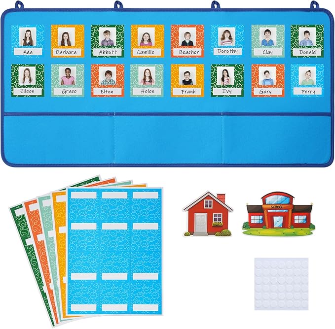 Attendance Pocket Chart for Preschool Classroom Large Wall Organization, Blue Felt Board Pocket Charts for Teachers, Kindergarten Kids Daycare Teaching Supplies, 74 Cards with 78 Magic Hooks