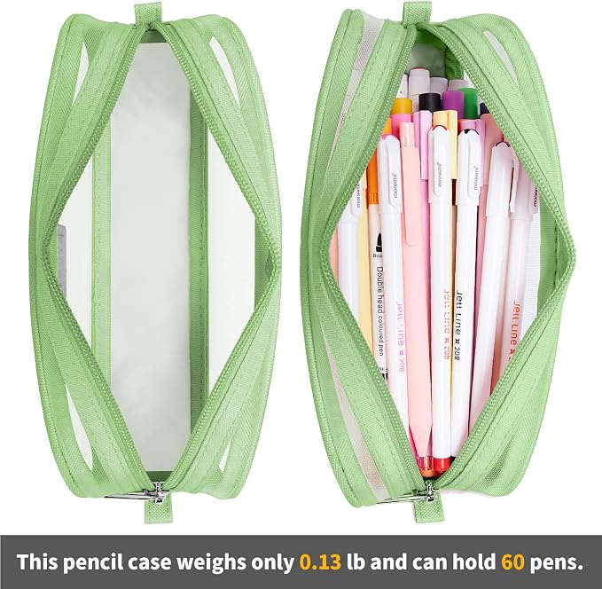 KALIDI Grid Mesh Pencil Case Pouch Large Capacity Pencil Bag with Zipper | Pencil Pouch Green Simple Stationery Bag Aesthetic Pen Bag for School Teen Girl Boy Multi-Purpose Bag for Office Men Women