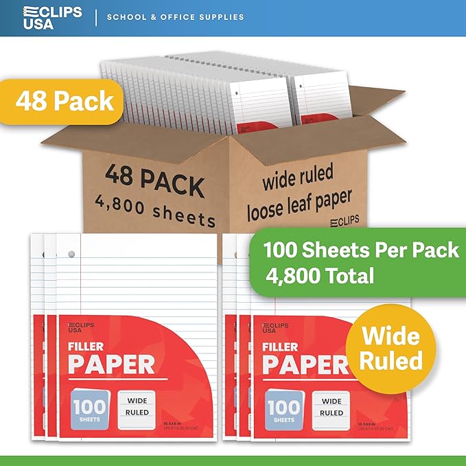 Wide Ruled Loose Leaf Paper Wide Ruled Notebook Paper Lined Writing Filler Paper 10.5” x 8” 56 gsm 4800 Sheets 100 Sheet Per Pack (48 Pack)