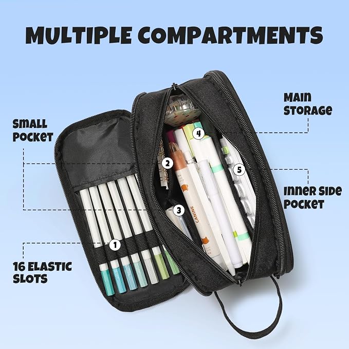 SUNEE Large Capacity Pencil Case with 3 Compartment, Extra Big Pencil Pouch, Pencil Bag with Clear Window, Pen Case School Supplies for Teens Adults Girls Boys, Black