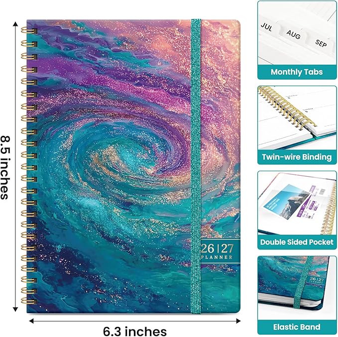 Planner 2026–2027, Academic Monthly Weekly Spiral Calendar, July 2026 – June 2027, Hardcover Agenda Notebook with Tabs, 6.3" x 8.5", Perfect for Students, Teachers, School & Daily Planning - Galaxy Flow