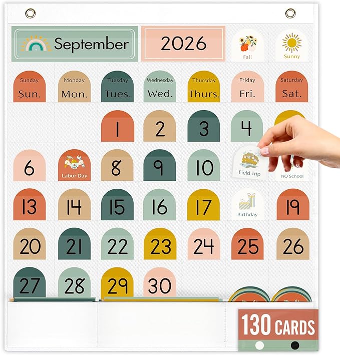 Classroom Monthly Calendar Pocket Chart for Kids Learning, 105 Cards Wall Boho Calendar and Weather, Teacher Supplies for Kindergarten Preschool Elementary Homeschool