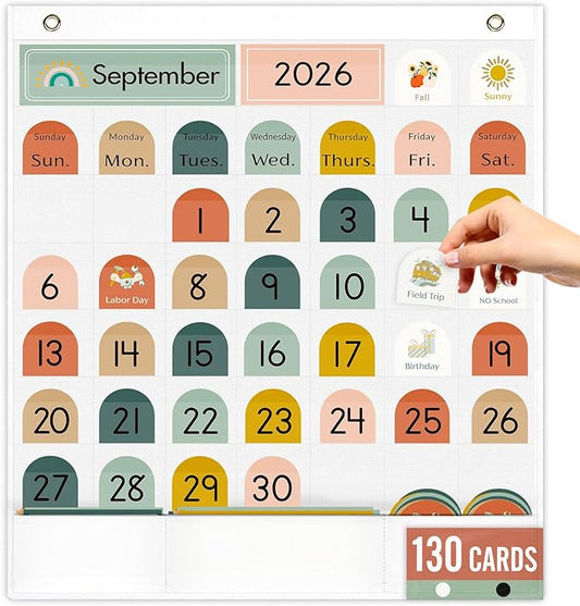 Classroom Monthly Calendar Pocket Chart for Kids Learning, 105 Cards Wall Boho Calendar and Weather, Teacher Supplies for Kindergarten Preschool Elementary Homeschool