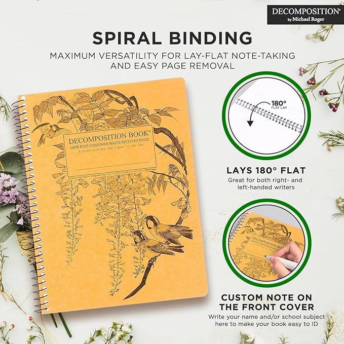 Decomposition Leafy Perch College Ruled Spiral Notebook - 9.75 x 7.5 Journal with 160 Lined Pages - 100% Recycled Paper - Cute Notebooks for School Supplies, Home & Office - Made in USA