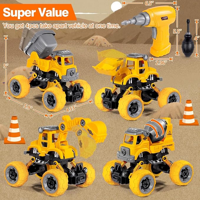 LUDILO Toys for 3 4 5 Year Old Boy Birthday Gift: 4PCS Take Apart Construction Truck Excavator Toy with Electric Drill, Kids Building Stem Learning Toy Gifts for 3 4 5 6 Year Old Boys Toys Age 4-6 3-5