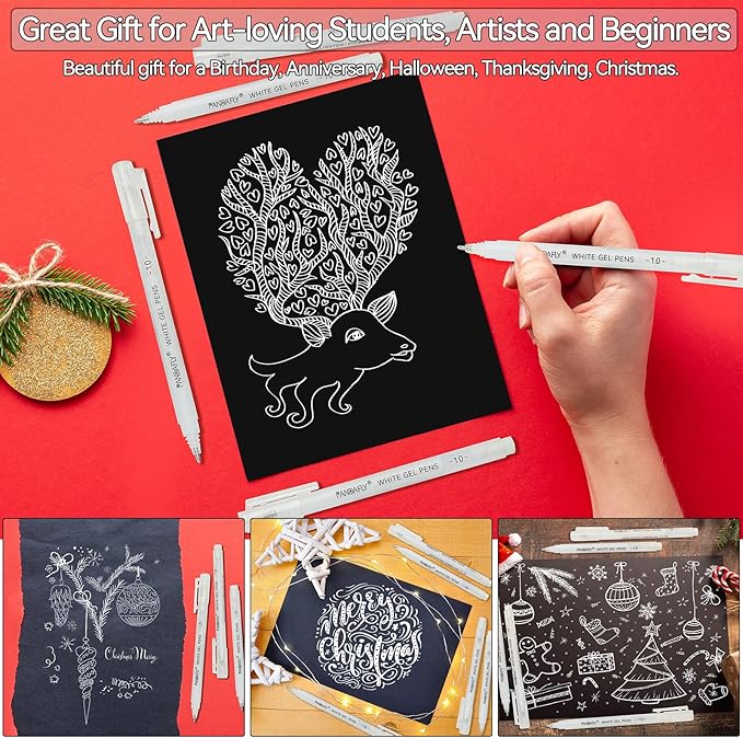 PANDAFLY White Gel Pens, 0.5/0.8/1.0mm Assorted Fine Medium Bold Tips, Opaque Archival White Ink Pens for Black Paper, Art Drawing, Journaling, Highlighting, DIY Crafts, Holiday Gifts, 3 Pack
