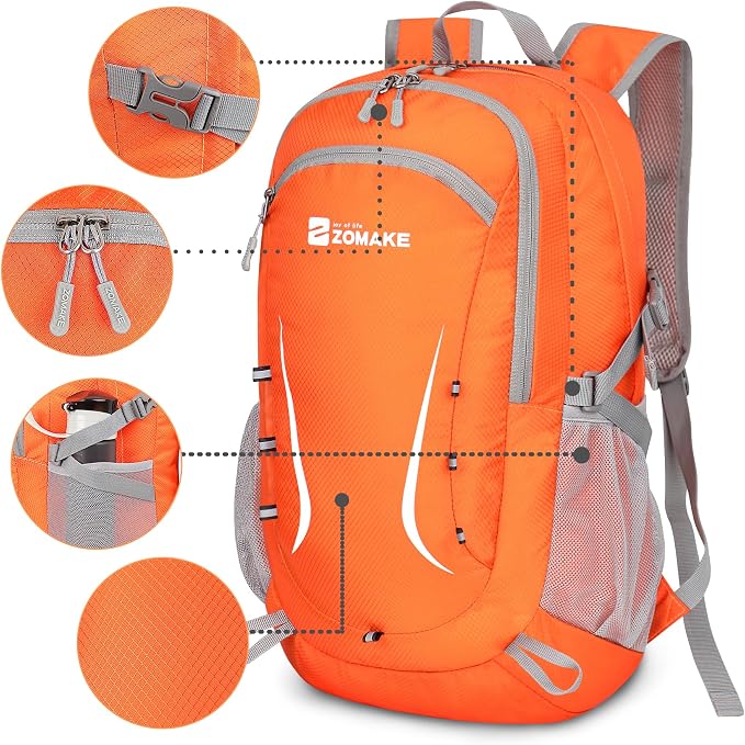ZOMAKE Lightweight Packable Backpack 35L, Foldable Backpacks Water Resistant Collapsible Light Daypack for Hiking(Orange) | Light Hiking Backpacks Water Resistant Collapsible Day Pack for Travel, Everyday Carry, Multi-Pocket Layout, Heavy Duty Nylon