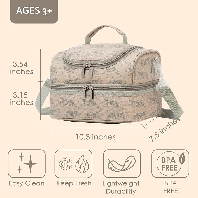 Insulated Kids Dual Compartment Lunch Bags Tote for Girls Boys Toddler Lunch Boxes Pre-School Toddler Kindergarten Picnic Camp Food Cooler Thermal with Strap (Z Tiger)