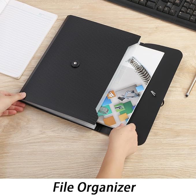 A4 Paper Document Organizer Expanding File Folder with 13 Pockets Accordion File Holder with Tabs for Home School Office, Black Plastic Material