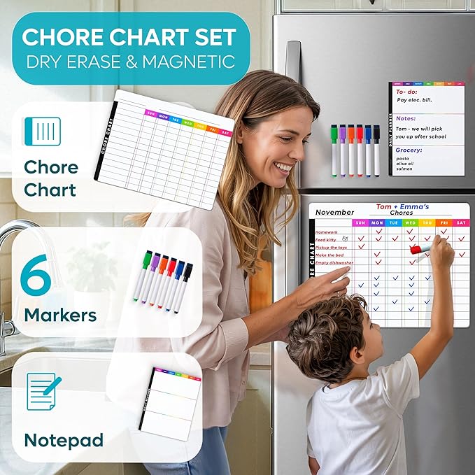 Magnetic Chore Chart Dry Erase Whiteboard Set - Pocket Charts for Multiple Kids, Teens & Adults (15"x 11.5"), Daily to-Do, Grocery, Notes (9"x 7") -Behavior Chart for Fridge & 6 Fine Tip Markers