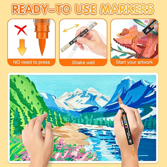 NICETY 72 Colors Dual-Tip Acrylic Paint Markers – 36 Double-Color Brush Pens with 1–5mm Flexible Tips, Water-Based Quick-Dry Non-Toxic Paint Pens for Rock Wood Glass Ceramic Metal Fabric Canvas