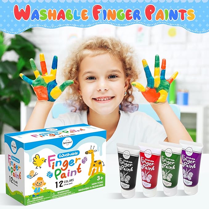 Art+soul SuperEasy Washable Finger Paint, 2 OZ x 12 Colors, Non-Toxic Blendable Cream Texture, for Fingers, Arm skin, Paper, Plastic, Fabric, Glass, Mirror, Window, Whiteboard, Blackboard, Metal Panel