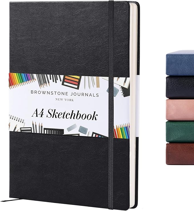 BROWNSTONE JOURNALS A4 Sketch Book Hardcover - 80 Sheets 100 GSM Paper 8.5"x11.5", Lay Flat, Vegan Leather Cover, Elastic Band, Back Pocket, Art Drawing Book (Charcoal Black)