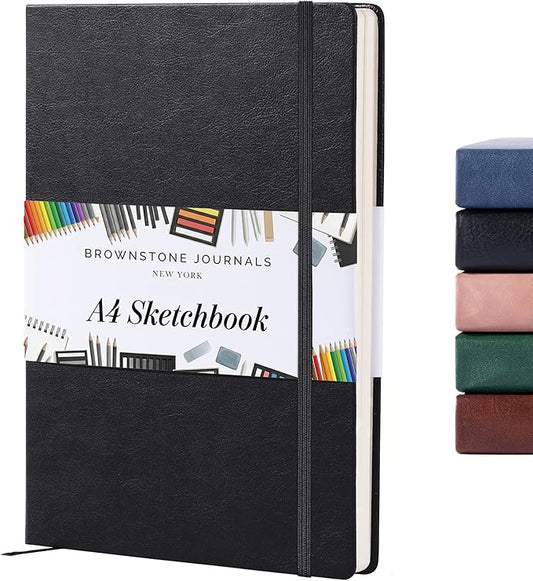 BROWNSTONE JOURNALS A4 Sketch Book Hardcover - 80 Sheets 100 GSM Paper 8.5"x11.5", Lay Flat, Vegan Leather Cover, Elastic Band, Back Pocket, Art Drawing Book (Charcoal Black)