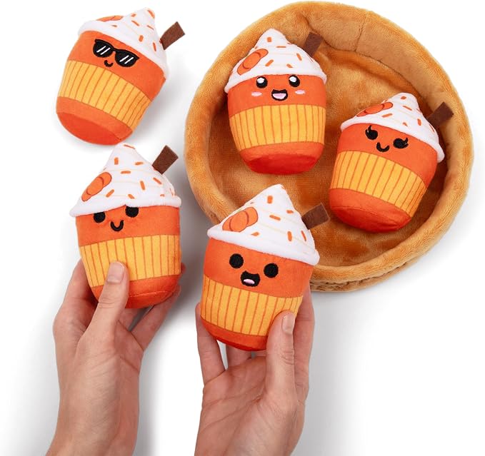 Emotional Support Lattes by Relatable, Soft & Cuddly Fall Plushies for Love Ones of All Ages, The Perfect Fall Gifts for Back to School, and Teacher Desk Buddy, Includes 5 Latte Plushies with Basket