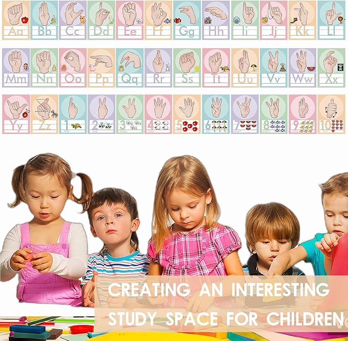 YIYDONG 36 Pieces ASL Alphabet Line Bulletin Board Set ABC Number Sign Language Flash Cards Wall Decorations for Pre-School Kindergarten Elementary Classroom Nursery Homeschool (Soft Tones)