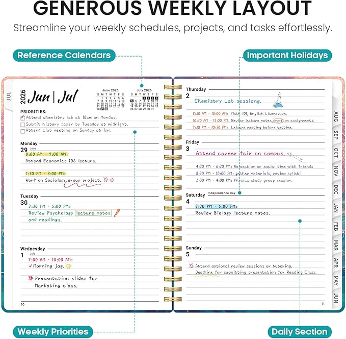 Planner 2026–2027, Academic Monthly Weekly Spiral Calendar, July 2026 – June 2027, Hardcover Agenda Notebook with Tabs, 6.3" x 8.5", Perfect for Students, Teachers, School & Daily Planning - Galaxy Flow