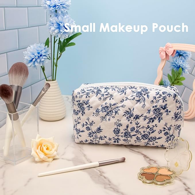PAZIMIIK 2PCS SET Vintage Quilted Makeup Bag Cosmetic Pouch for Brushes Pencils and Travel Make Up Accessories for Women and Girls Jouy Blue