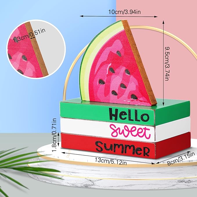 Yulejo 4 Piece Summer Watermelon Table Decor Hello Sweet Summer Book Table Centerpieces Farmhouse Wooden Watermelon Tiered Tray Stacked Book Decor for Home Office Kitchen