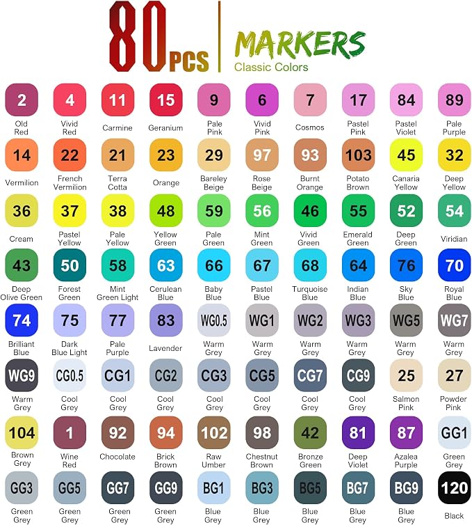 Buecs Alcohol Markers Brush Tip: Double Tipped Art Marker, 80 Count, suitable for Adults Artists Painting, Coloring Drawing Sketching, Multicolor