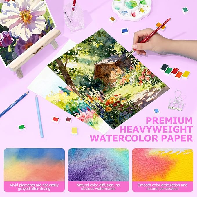 Pacocoast Watercolor Paper, 9"X12" Artist Drawing Paper Pads, (300gsm/140lb) Water Color Sketch Book for Painting, Arts & Crafts Supplies for Adults, Watercolor Journal Notebook, Pink