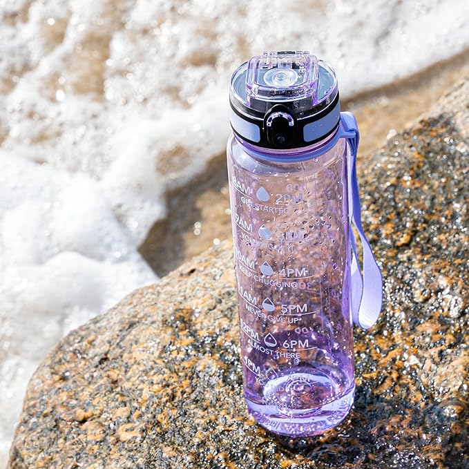 OLDLEY Water Bottle, 32oz Motivational Sports Water Bottle with Time Marker - Times to Drink - Tritan, BPA Free, Wide Mouth Leakproof,Anniversary Birthday Gifts for Men Women, Amethyst (1 Bottle)
