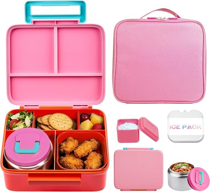 Bento Lunch Box for Kids with 8oz Soup Thermo Leak-Proof Lunch Food Containers with Snack Sauce Container for Kid Girls Boys to School,Pink Bag